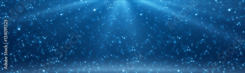 Abstract Dark Festive Panoramic Background. blue light and bokeh particles and light rays