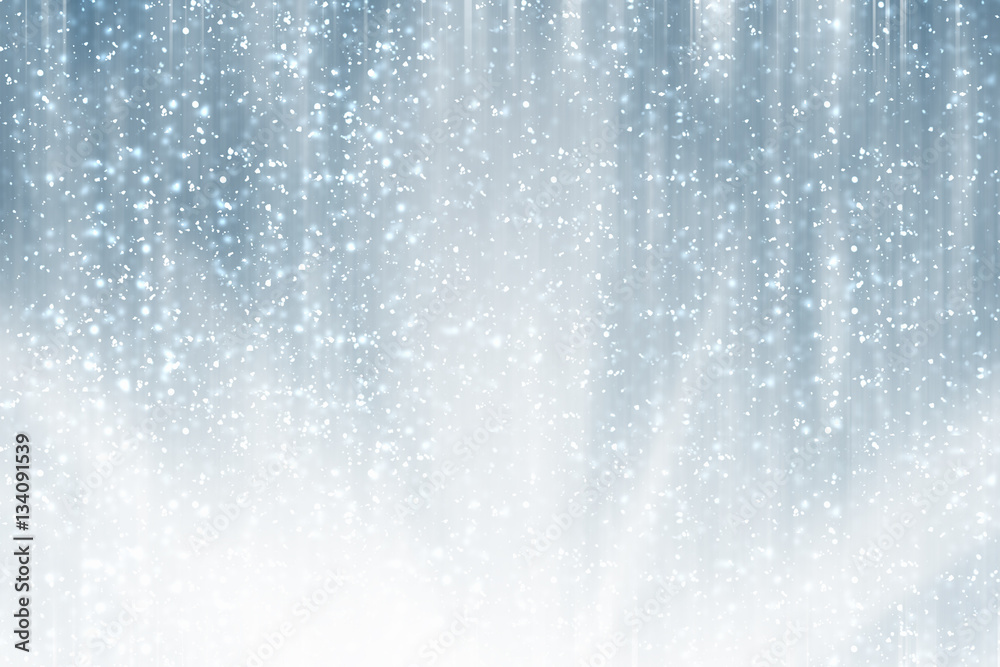 Snowflakes particles and bokeh or glitter lights on silver background .Festive abstract template Snowflakes particles and bokeh or glitter lights on silver background .Festive abstract template