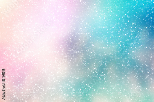 White bokeh or glitter lights with red or serenity sun leak on cyan background. Abstract circle defocused particles