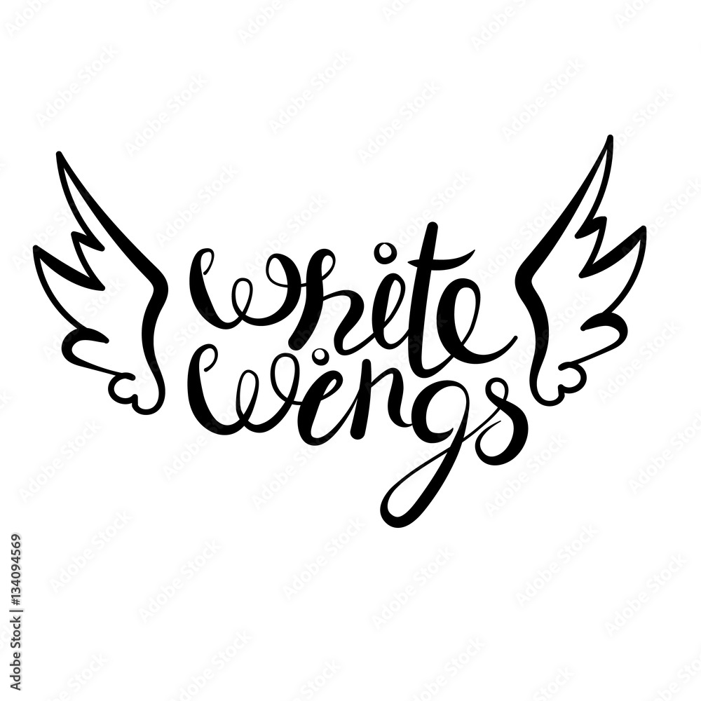 Vector white wings lettering type. design object isolated