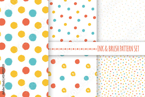 Set of seamless vector free hand multicolored baby doodle polka dot and circle textures, dry brush ink art.