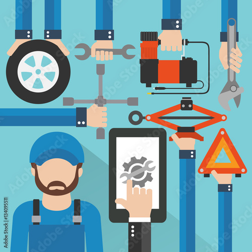  Car Online Service with repairer modern flat design