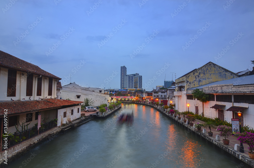 View of Malacca river during Blue Hour.