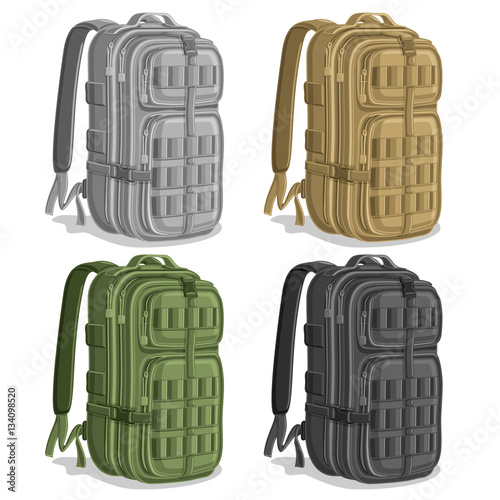 Vector set Military Backpacks, gray Army rucksack with handle, khaki hiking big back bag with pocket, green large infantry backpack for armed forces, black pack military haversack with straps for army