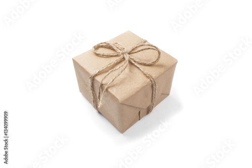 gift box of kraft paper with a bow on a isolated white backgroun