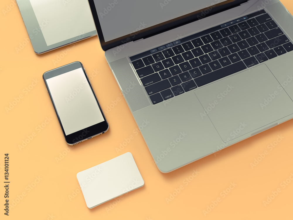 Atriibutes of web Designer on yelow background. Top View. flat Lay. 3D rendering. High resolution. Atriibutes of web Designer on yelow background. Top View. flat Lay. 3D rendering. High resolution.
