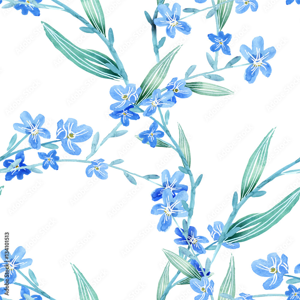 Forget-me-not Flowers Seamless Pattern. Watercolor Background.