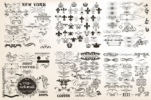 Collection or set of vector vintage flourishes for design in ant