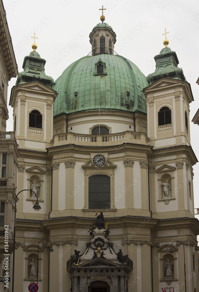 Architectural close up of Peterskirche church in Vienna, along Graben street, at day time
