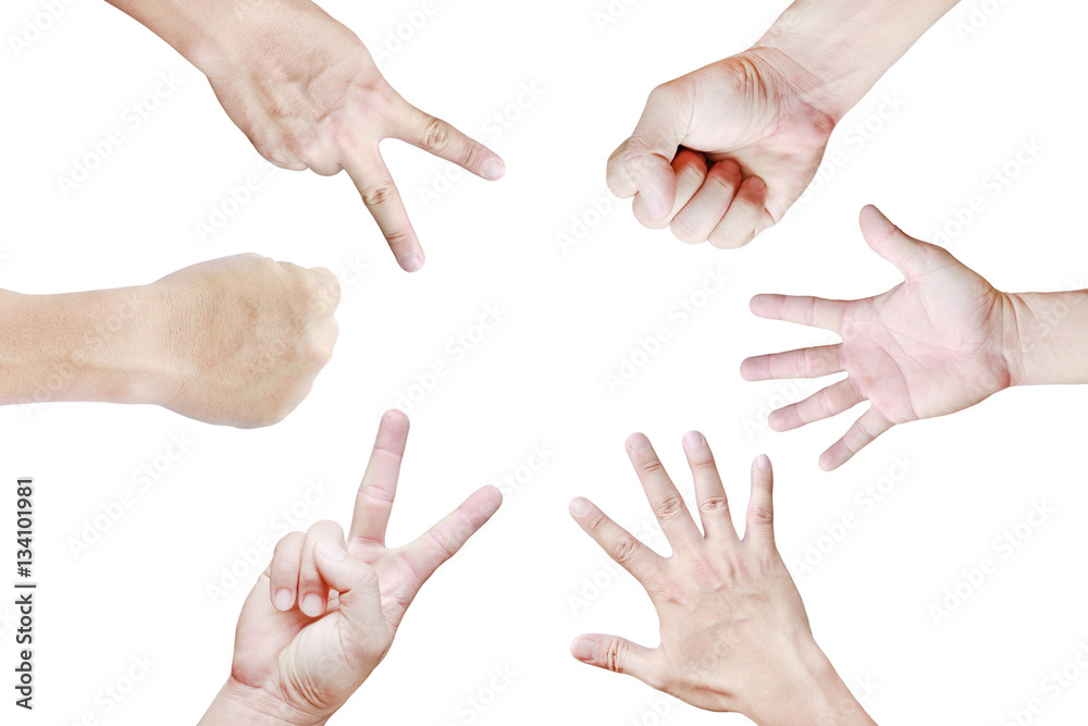 Many hands of Rock ,Paper ,Scissors - hands isolated on white background, Creative concept. Many hands of Rock ,Paper ,Scissors - hands isolated on white background, Creative concept.