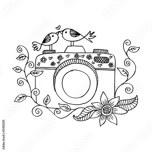 old camera with birds. 