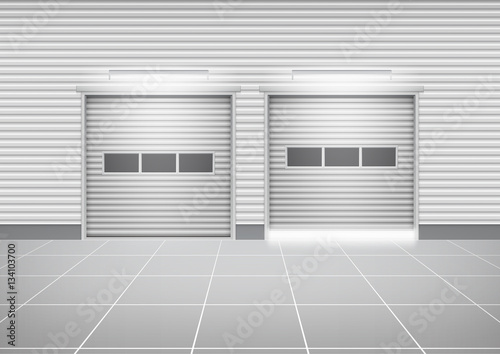 Vector of roller shutter door and concrete floor outside factory building for industrial background.