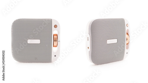 Two Angles Of White Bluetooth Speaker Isolated On White Background