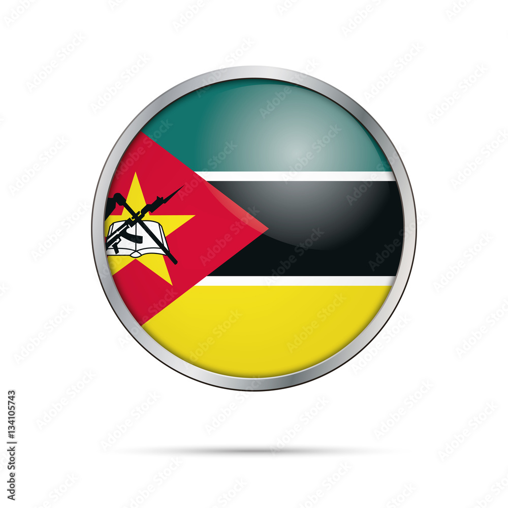 Vector Mozambiquan flag button. Mozambique flag in glass button style with metal frame.