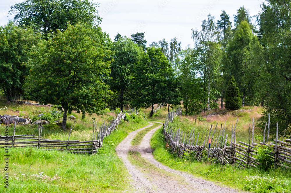 Gravel road in a rural landscape in the countryside with meadows surrounded with wooden fences in summer. Gravel road in a rural landscape in the countryside with meadows surrounded with wooden fences in summer.