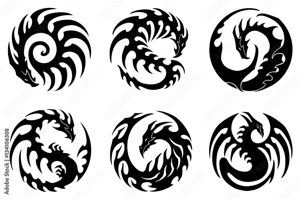vector illustration, set of round tribal dragon designs, black and white graphics vector illustration, set of round tribal dragon designs, black and white graphics