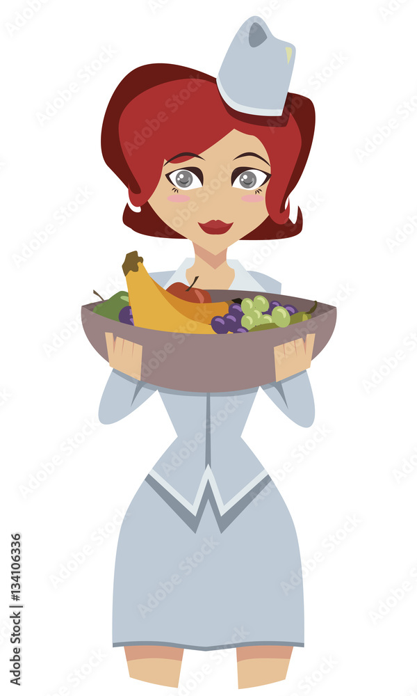 Cartoon stewardess serving fruit isolated on a white background Cartoon stewardess serving fruit isolated on a white background