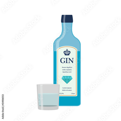Traditional dry gin in blue bottle. Alcohol drink. Flat style.