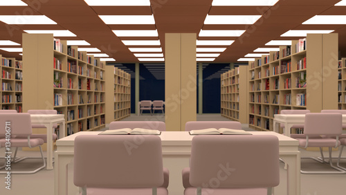 Big library with table,chairs and bookshelves.