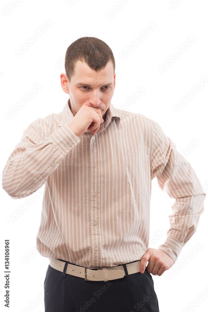 thoughtful man of 30 years in a shirt with stripes isolated thoughtful man of 30 years in a shirt with stripes isolated