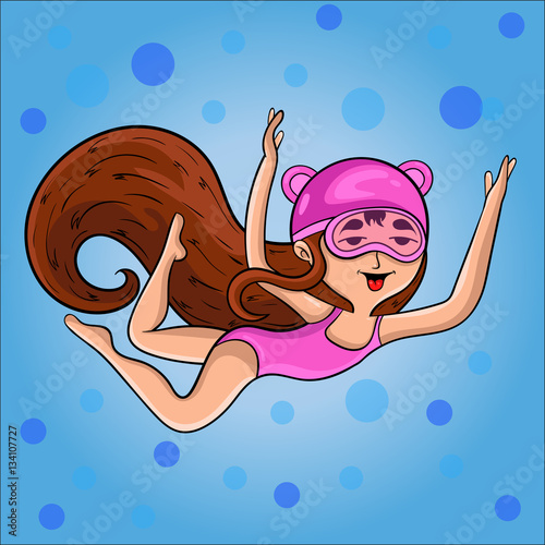 Cartoon girl in bathing suit swimming under water.