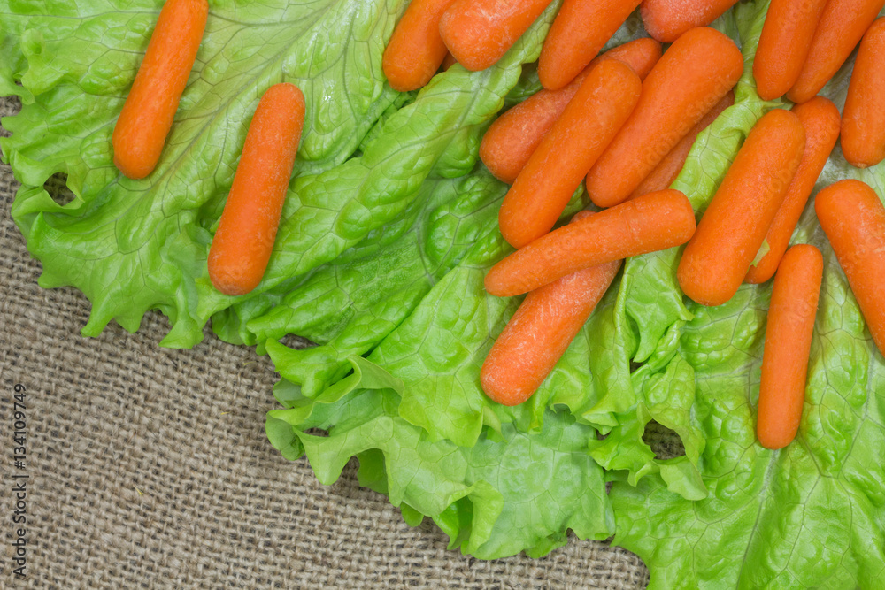 Carrots and salad on sacking Carrots and salad on sacking