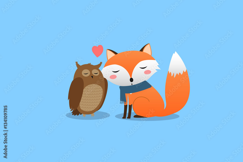 Lovers owl and fox. Postcard to Valentine's Day. Vector illustration