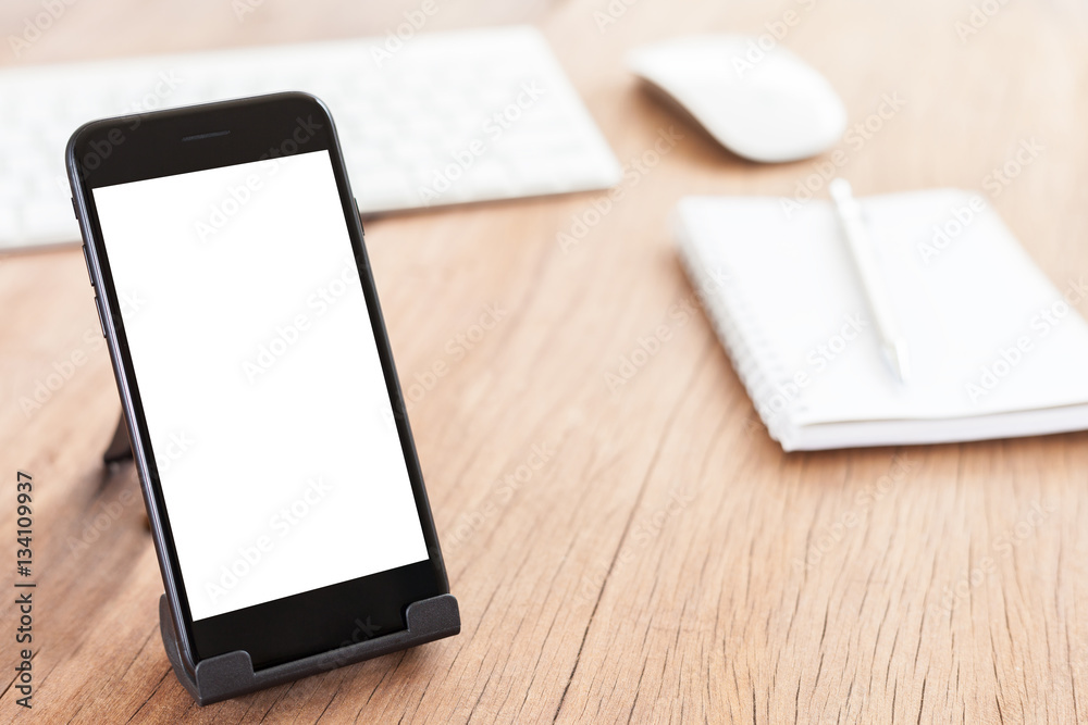close-up phone mobile blank white screen on holder close-up phone mobile blank white screen on holder