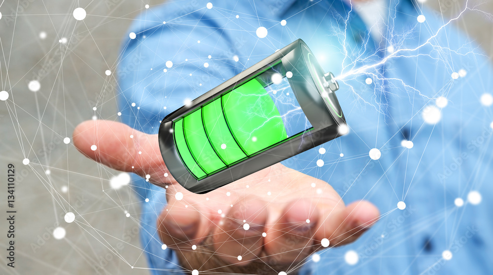 Fotografie Man holding 3D render battery with lightning in his hand