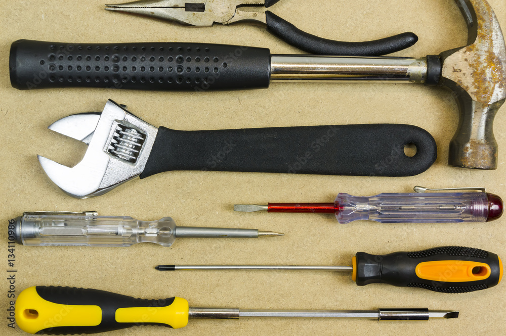 Arrangement of carpentry and set of hand tools. Frame composition with copy space top view. Arrangement of carpentry and set of hand tools. Frame composition with copy space top view.