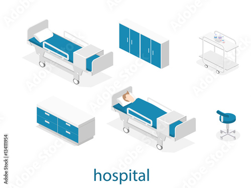 Flat 3D illustration Isometric interior of hospital room.