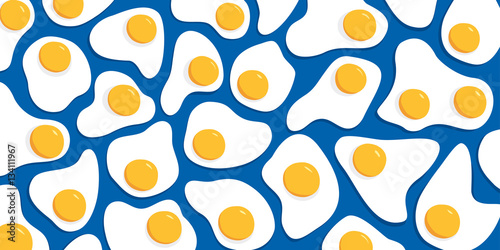 Many fried eggs on a blue background, the food in the flat style, abstract vector design pattern