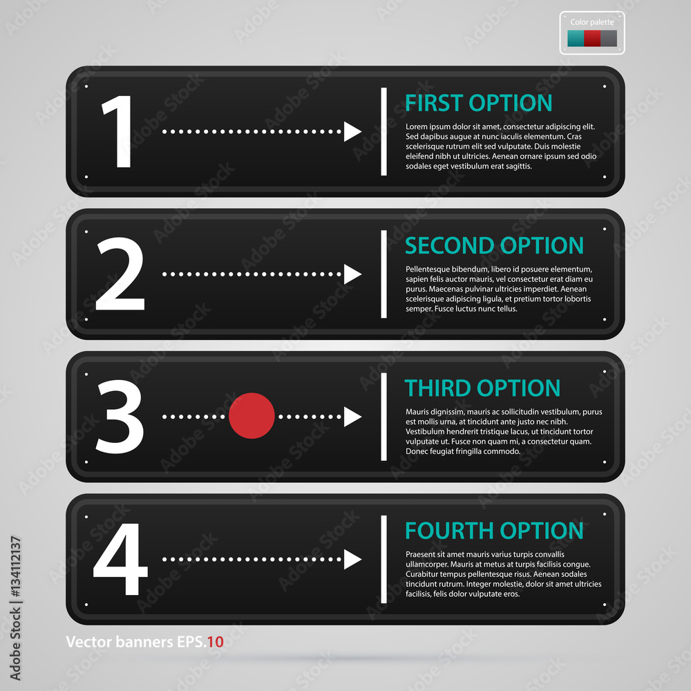 Fototapeta premium Modern web design template with three black horizontal banners/options with big numbers. Strict corporate business style. Useful for annual reports, presentations and media.