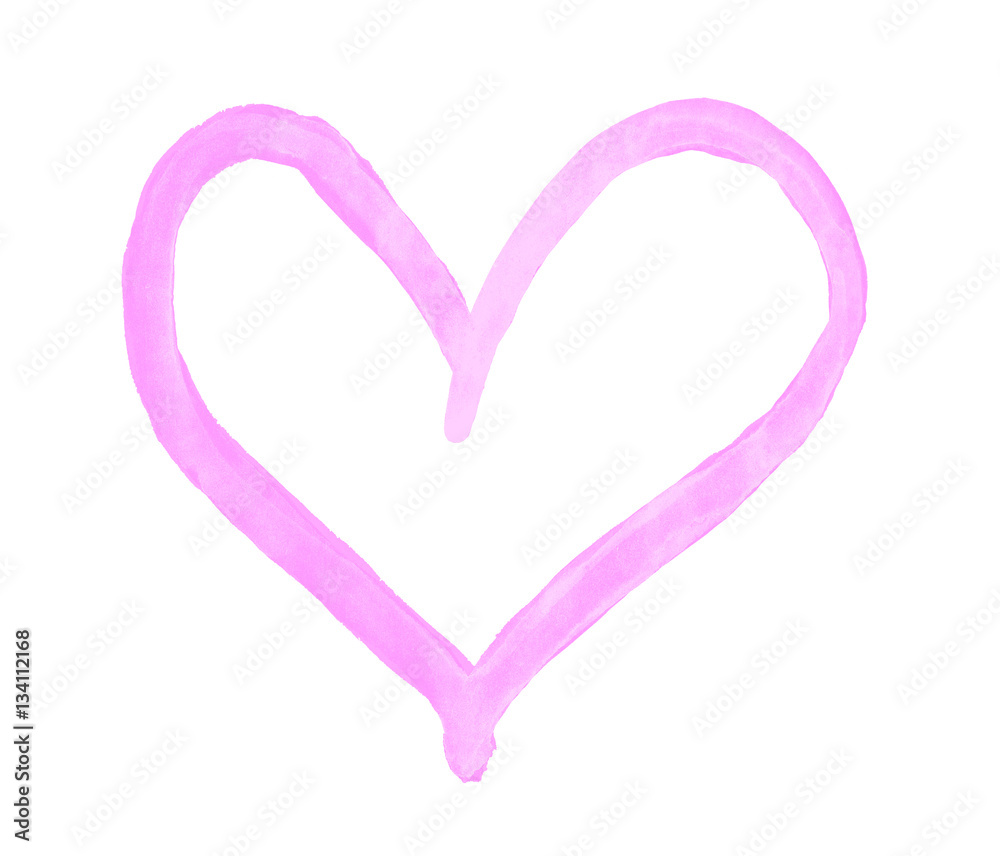 The outline of the pale fuchsia pink heart drawn with paint on white background