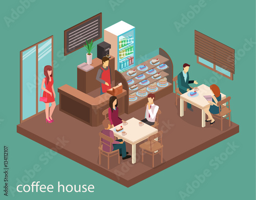 Isometric interior of sweet-shop. People sit at the table and eating.