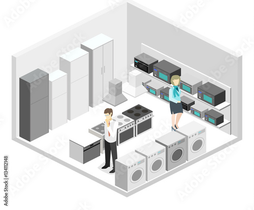 Isometric flat 3D concept vector cutaway interior household equipment store