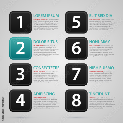 Modern web design template with eight numbered options. Strict corporate business style. Useful for annual reports, presentations and media.
