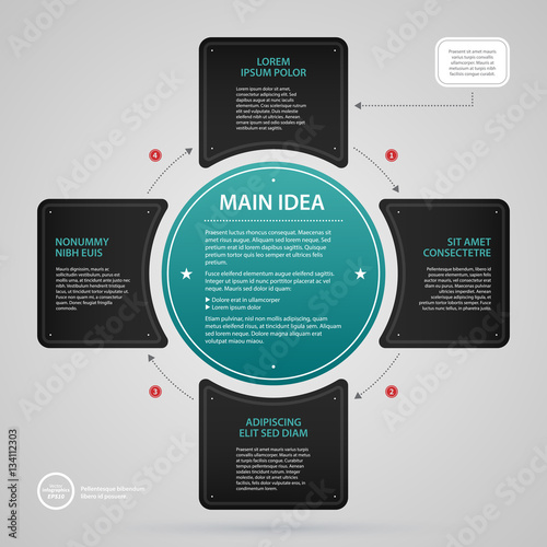 Modern web design template with cross made of four options and cyan circle with text. Strict corporate business style. Useful for annual reports, presentations and media.