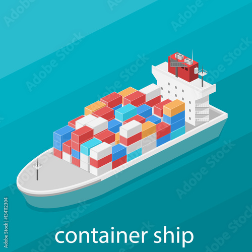 Isometric vector illustration River Cargo Boats traveling on water.