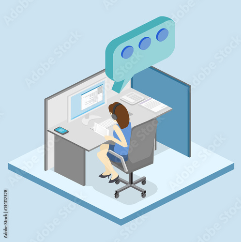 Isometric flat 3D interior call center. Customer support.