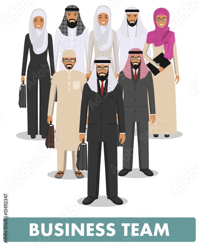 Business and social concept. Group young muslim people standing together in different traditional islamic clothes on white background in flat style. Arab businessman and businesswoman. Vector
