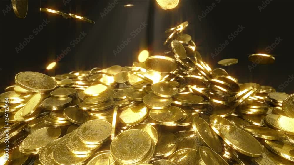 Slow motion coins falling. High quality slow motion animation of falling coins. This is one dollar gold coins. Animation generated in great 3D physics system. On the top we see the beam of light for m