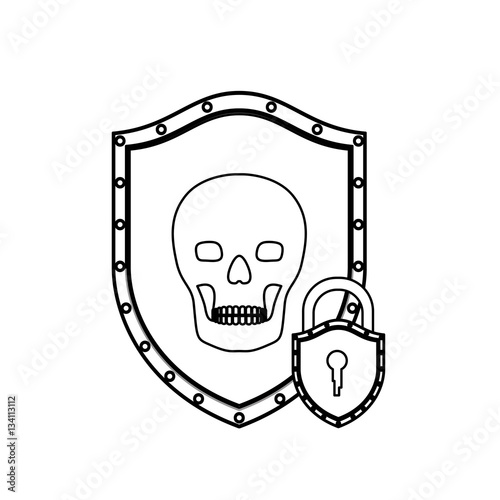 monochrome silhouette with shield with skull and padlock vector illustration
