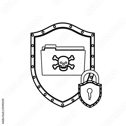 monochrome silhouette with shield with folder virus and padlock vector illustration