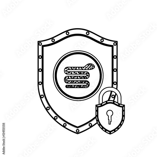 monochrome silhouette with shield with serpent virus and padlock vector illustration
