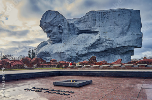 Brest, Belarus - December 28, 2016: The eternal fire and Main Monument Bravery in War Memorial Complex Brest Hero-Fortress 