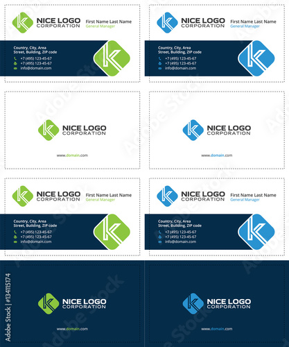 business card with the letter K, green and blue colors, corporate cards