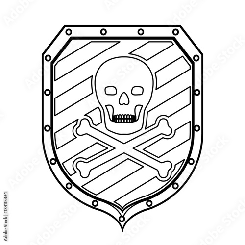 monochrome silhouette of wooden shield with skull and bones vector illustration