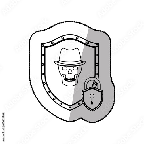 middle shadow sticker of shield with skull with hat and padlock vector illustration