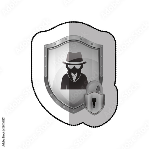 middle shadow sticker of shield with hacker and padlock vector illustration